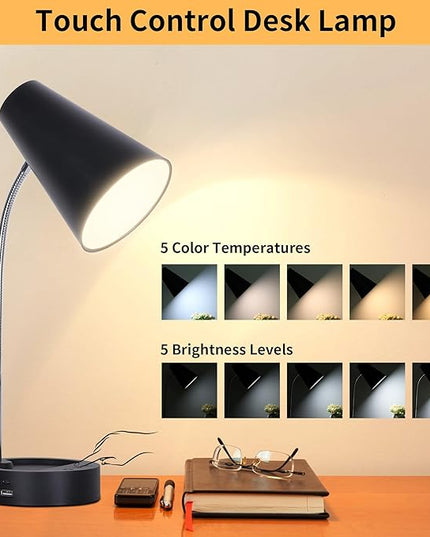 RUNTOP Desk Lamp, Black Desk Lamps for Home Office, LED Desk Light with USB Port and Type C Port, 5 Brightness Levels, 5 Color Temperatures, Flexible Gooseneck Desk Lamp, Table Lamp for Reading Study - LeafyLoom