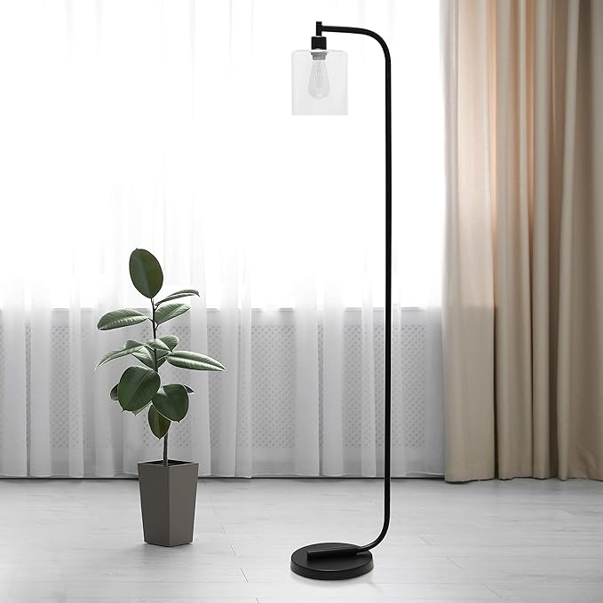 Simple Designs LF1036-BLK Antique Style Industrial Iron Lantern Floor Lamp with Glass Shade, Black 12 x 10 x 63 - LeafyLoom
