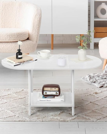White Coffee Tables for Living Room,2-Tier Small Coffee Table Industrial Modern Oval Center Table with Storage Shelf and Wood Tabletop,for Small Space,Home Office - LeafyLoom