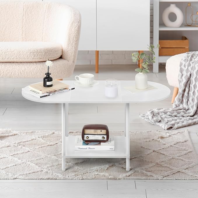 White Coffee Tables for Living Room,2-Tier Small Coffee Table Industrial Modern Oval Center Table with Storage Shelf and Wood Tabletop,for Small Space,Home Office - LeafyLoom