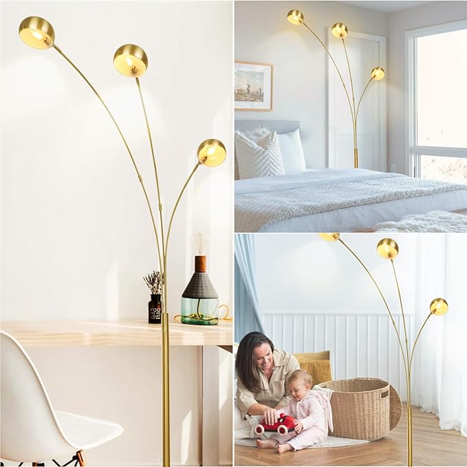 DLLT 3-Light Arc Floor Lamp, 86.6" Gold Floor Lamps for Living Room, Multi-Head LED Standing Tall Lamp with Adjustable Arms, Modern Tree Floor Lamps for Bedroom, Study, Office, E12 Bulbs Included - LeafyLoom
