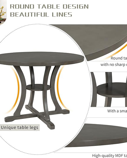 NicBex Dining Room Table Set for 4 Dining Table with Chairs 5-Piece Round Dining Table and 4 Fabric Chairs with Special-Shaped Table Legs and Storage Shelf, Gray - LeafyLoom