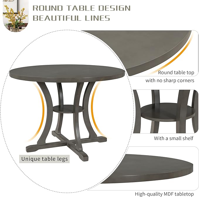 NicBex Dining Room Table Set for 4 Dining Table with Chairs 5-Piece Round Dining Table and 4 Fabric Chairs with Special-Shaped Table Legs and Storage Shelf, Gray - LeafyLoom