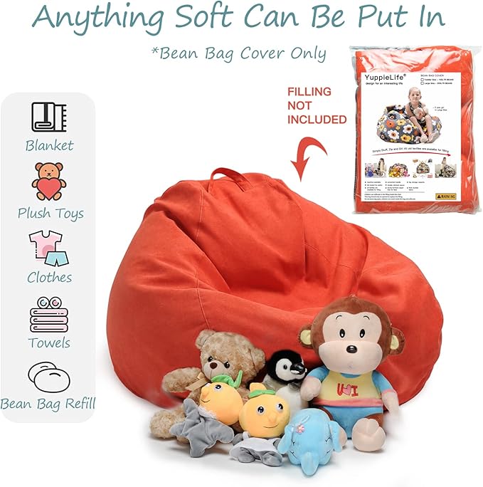 YuppieLife Stuffed Animals Bean Bag Chair Cover Candy-Colored Bean Bag（Just Cover, No filling）/Extra Large Stuff 'n Sit Organization/Toy Storage Bag/Kids Toys Organizer（38'',OrangeRed） - LeafyLoom
