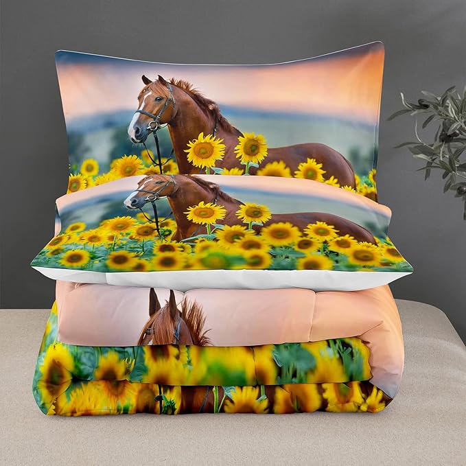 NINENINE Horse Comforter Bedding Set King for Boys Teens,Horse Walking Among Sunflowers Pattern Printed Bedding Set,Sunflower Comforter Set,Soft Microfiber Quilt Set with Matching Pillowcase#5002 - LeafyLoom