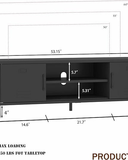 TV Stand for 55 60 inch TV, Metal TV Cabinet Modern Mid Century Entertainment Center with Storage, TV Industrial Media Console Table 2 Cabinet for Living Room, Bedroom, Office (Black) - LeafyLoom