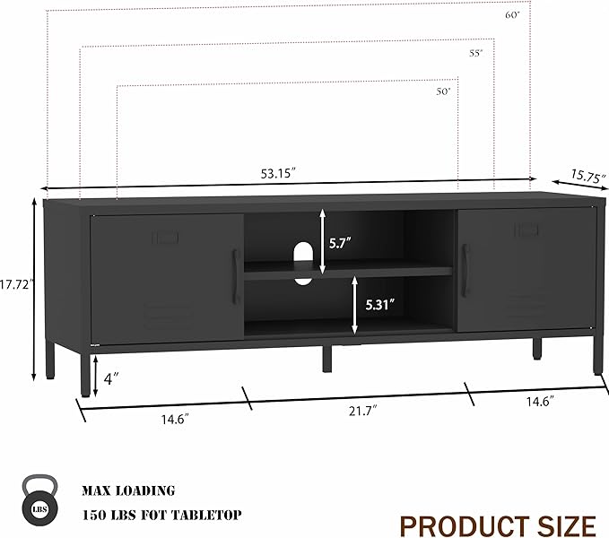 TV Stand for 55 60 inch TV, Metal TV Cabinet Modern Mid Century Entertainment Center with Storage, TV Industrial Media Console Table 2 Cabinet for Living Room, Bedroom, Office (Black) - LeafyLoom