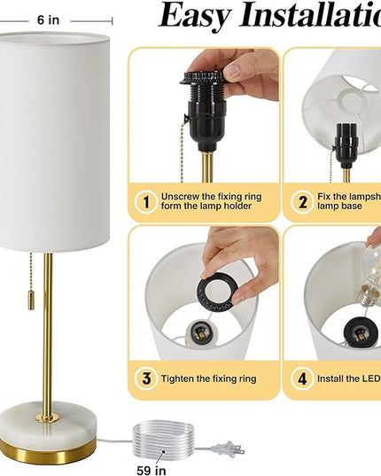 Luvkczc Minimalist Table Lamp Set of 2, Nightstand Lamp for Bedroom Living Room, Modern Pull Chain Bedside Lamp with Marble Base, Fabric Shade, Small Desk Lamp for Home, Office, Reading,Gold - LeafyLoom