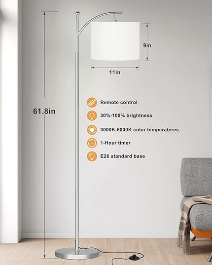 Ambimall Floor Lamp with Remote Control and Stepless Dimmable Bulb, Colors Temperature & Brightness Adjustable, Modern Floor Lamps for Living Room（White Shade & Silver Pole） - LeafyLoom