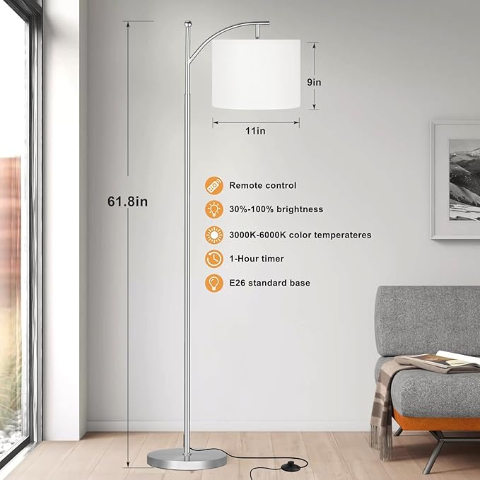 Ambimall Floor Lamp with Remote Control and Stepless Dimmable Bulb, Colors Temperature & Brightness Adjustable, Modern Floor Lamps for Living Room（White Shade & Silver Pole） - LeafyLoom