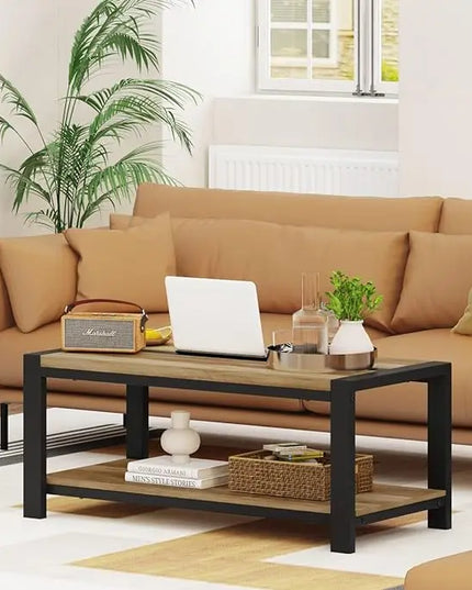 BON AUGURE Industrial Coffee Table, Wood Metal Coffee Tables for Living Room, Farmhouse Rectangle Center Tables, Modern Living Room Table (Vintage Oak, 43 Inch) - LeafyLoom