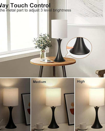 3 Way Touch Control Table Lamp, Modern Bedside Lamp for Bedroom, Dimmable Black Nightstand Lamp White Shade Desk Reading Light for Living Room Office Dorm, 3000K LED Bulb Included - LeafyLoom