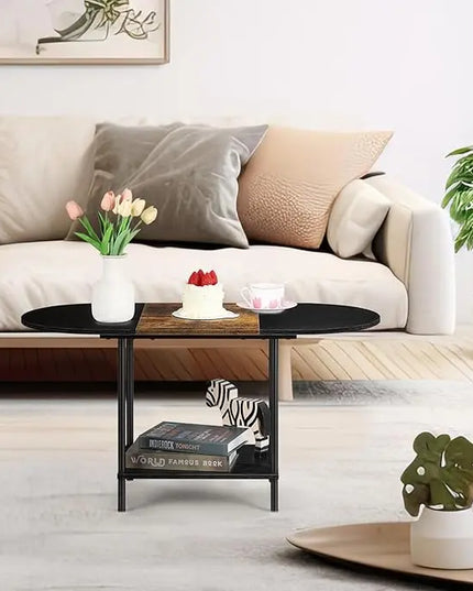 ETELI Small Black Coffee Tables Oval Center Table with Storage and Open Shelving Round Coffee Tea Tables for Living Room, Small Space, Home Office, Brown & Black - LeafyLoom