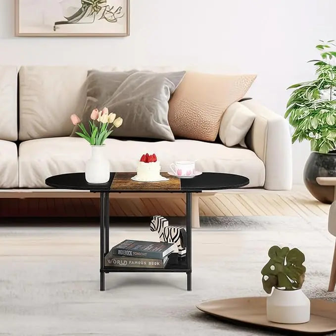 ETELI Small Black Coffee Tables Oval Center Table with Storage and Open Shelving Round Coffee Tea Tables for Living Room, Small Space, Home Office, Brown & Black - LeafyLoom