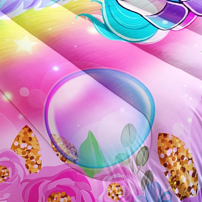 Kid Unicorn Comforter Set Full Size 3Pcs Butterfly Rainbow Flower Star Pattern Quilt Bedding Set for Boys Girls with 1 Comforter and 2 Pillowcases - LeafyLoom