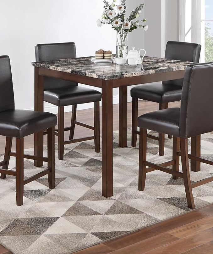 NicBex 5 Piece Dining Table Set Kitchen Table with Bench 5pc Counter Height Dining Set Kitchen Dinette Faux Marble Top Table and 4X High Chairs Faux Leather Cushions Seats, Espresso - LeafyLoom