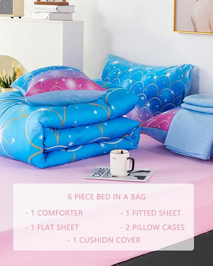 URBONUR 6Pcs Mermaid Comforter Set for Girls Full Size Bed in a Bag Pink Purple Blue Sparkle Glitter Bedding Set Soft All Season Comforter with Sheet Set - LeafyLoom