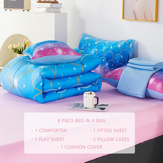 URBONUR 6Pcs Mermaid Comforter Set for Girls Full Size Bed in a Bag Pink Purple Blue Sparkle Glitter Bedding Set Soft All Season Comforter with Sheet Set - LeafyLoom