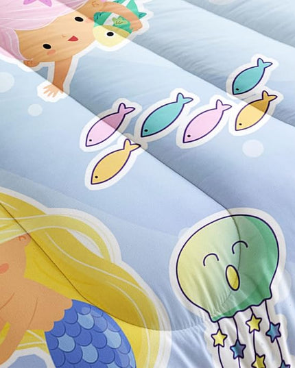 Datura home Mermaid Comforter Set, Kawaii Girls Blue Bedding with 2 Pillowcases, Queen 90x90inches - LeafyLoom