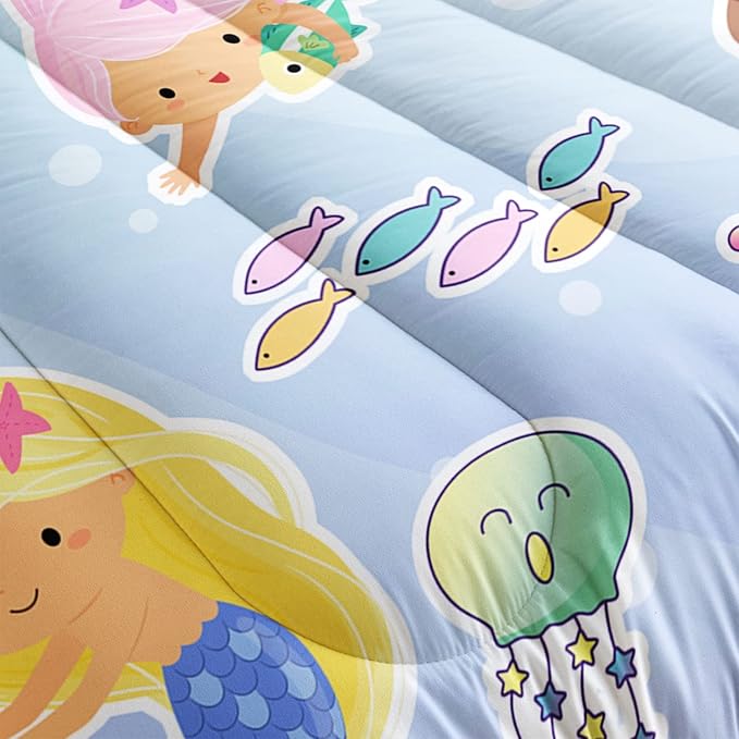 Datura home Mermaid Comforter Set, Kawaii Girls Blue Bedding with 2 Pillowcases, Queen 90x90inches - LeafyLoom