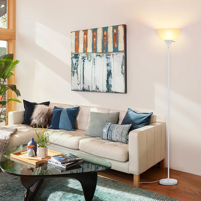 Floor Lamp, LED Standing Lamps with White Plastic Shade, White Modern Torchiere Floor Lamp, Tall Lamps for Living Room Dorm Bedroom, Rotary Switch, E26 Base, Bulb not Included, White - LeafyLoom