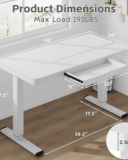 Electric Standing Desk with Drawer, 48 x 24 inches with Preassembled Top & USB Charging Ports, Height Adjustable for Home & Office, White - LeafyLoom