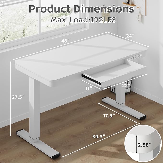 Electric Standing Desk with Drawer, 48 x 24 inches with Preassembled Top & USB Charging Ports, Height Adjustable for Home & Office, White - LeafyLoom