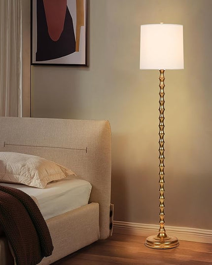 64.5" Gold Floor Lamp for Living Room, Gold Bamboo Floor Lamps for Bedroom, Tall Skinny Lamp for Home Decor, Mid Century Antique Floor Lamps with White Lampshade, Gold Standing Lamp for Corner - LeafyLoom