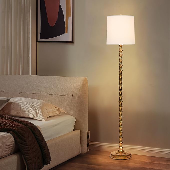 64.5" Gold Floor Lamp for Living Room, Gold Bamboo Floor Lamps for Bedroom, Tall Skinny Lamp for Home Decor, Mid Century Antique Floor Lamps with White Lampshade, Gold Standing Lamp for Corner - LeafyLoom
