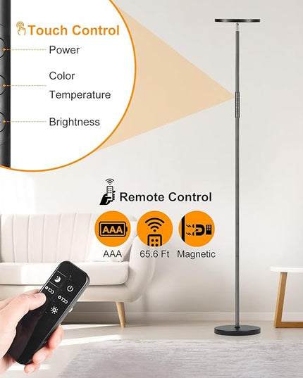 LED Floor Lamp, 3600LM 36W Super Bright Standing Lamp with Remote & Touch Control, 350W Equivalent Modern Torchiere Lamp with 2700K-6500K Stepless Dimming, 69" Tall Lamp for Living Room Bedroom Office - LeafyLoom