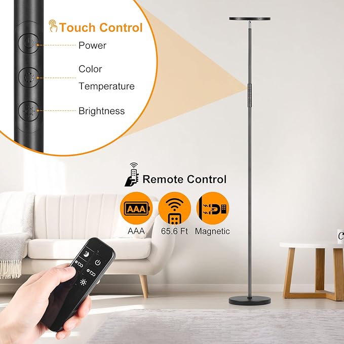 LED Floor Lamp, 3600LM 36W Super Bright Standing Lamp with Remote & Touch Control, 350W Equivalent Modern Torchiere Lamp with 2700K-6500K Stepless Dimming, 69" Tall Lamp for Living Room Bedroom Office - LeafyLoom