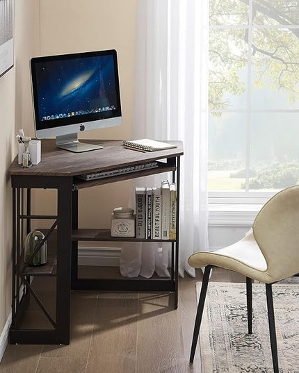 VECELO Corner Computer Desk Writing Smooth Keyboard Tray & Storage Shelves,Compact Home Office Triangle Table, Rustic Natural Brown - LeafyLoom