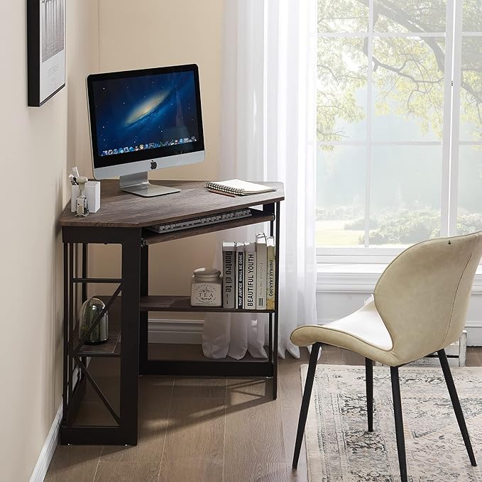 VECELO Corner Computer Desk Writing Smooth Keyboard Tray & Storage Shelves,Compact Home Office Triangle Table, Rustic Natural Brown - LeafyLoom