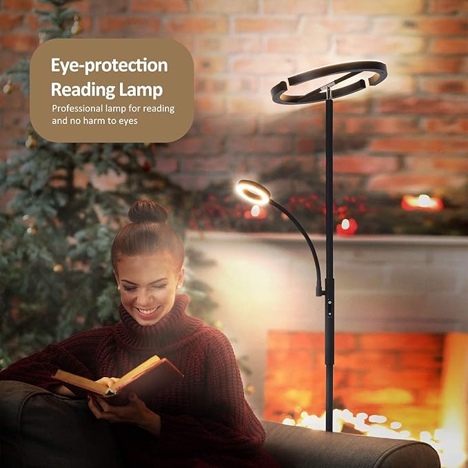 FIMEI Split Floor Lamp with Reading Light, Modern Bright LED Rotatable Standing Lamp with Stepless Dimming and 3000K-6000K Color for Living Room Bedroom Office, Touch and Remote Control, Black - LeafyLoom
