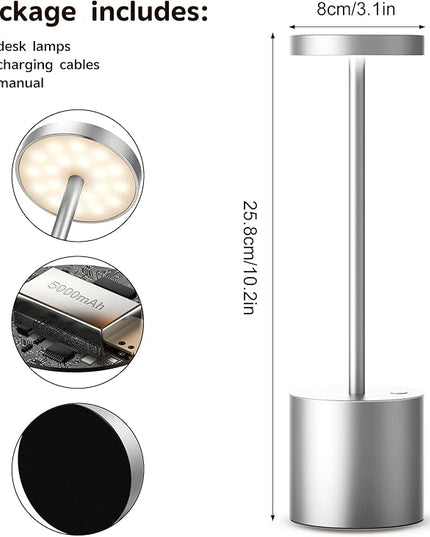 2Pack Cordless Table Lamp, Rechargeable LED Battery 5000mAh Metal USB Portable Powered Desk Lamp, 3 Levels Brightness Light for Restaurants Outdoor (2pack 10.25in Silver) - LeafyLoom