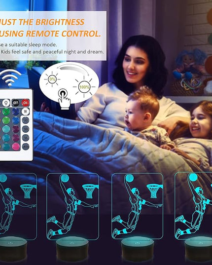 FULLOSUN Basketball 3D Night Light, Basketball Sport Gifts Bedside Lamp for Xmas Holiday Birthday Gifts for Kids Basketball Fan with Remote Control 16 Colors Changing + 4 Changing Mode + Dim Function - LeafyLoom