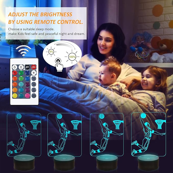 FULLOSUN Basketball 3D Night Light, Basketball Sport Gifts Bedside Lamp for Xmas Holiday Birthday Gifts for Kids Basketball Fan with Remote Control 16 Colors Changing + 4 Changing Mode + Dim Function - LeafyLoom