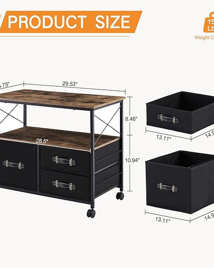 VECELO 3 Drawer Lateral File Cabinet Rolling Printer Stand with Open Storage Shelf, Fits A4 Or Letter Size, with Lockable Casters, Leather Handle, Ideal for Small Spaces, Brown+Black - LeafyLoom