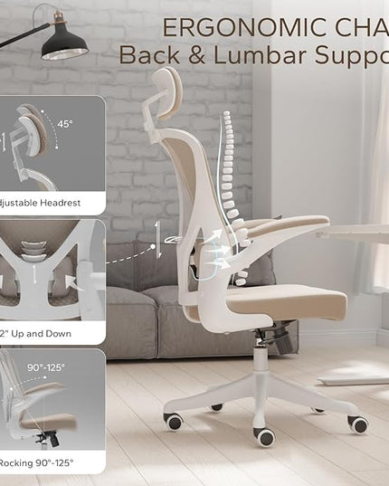 Ergonomic Office Chair Home Desk Office Chair with Adjustable Headrest & Cushion for Lumbar Support, High Back Computer Chair with Thickened Cushion Desk Chairs Khaki - LeafyLoom