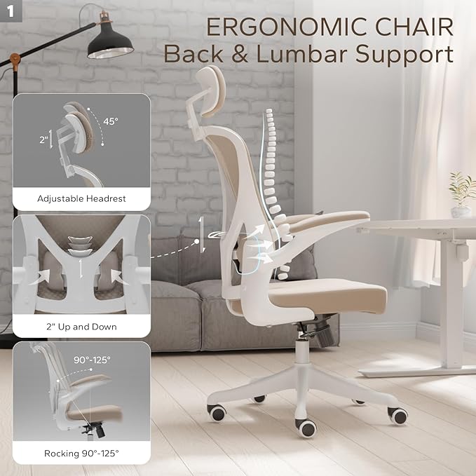 Ergonomic Office Chair Home Desk Office Chair with Adjustable Headrest & Cushion for Lumbar Support, High Back Computer Chair with Thickened Cushion Desk Chairs Khaki - LeafyLoom