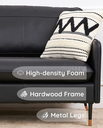 67" Top-Grain Leather Sofa, 2 Seater Loveseat Couch, Mid-Century Modern Leather Couch for Living Room Bedroom Apartment Office, Black - LeafyLoom