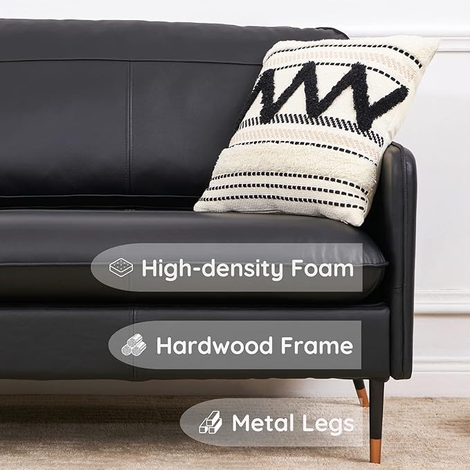 67" Top-Grain Leather Sofa, 2 Seater Loveseat Couch, Mid-Century Modern Leather Couch for Living Room Bedroom Apartment Office, Black - LeafyLoom