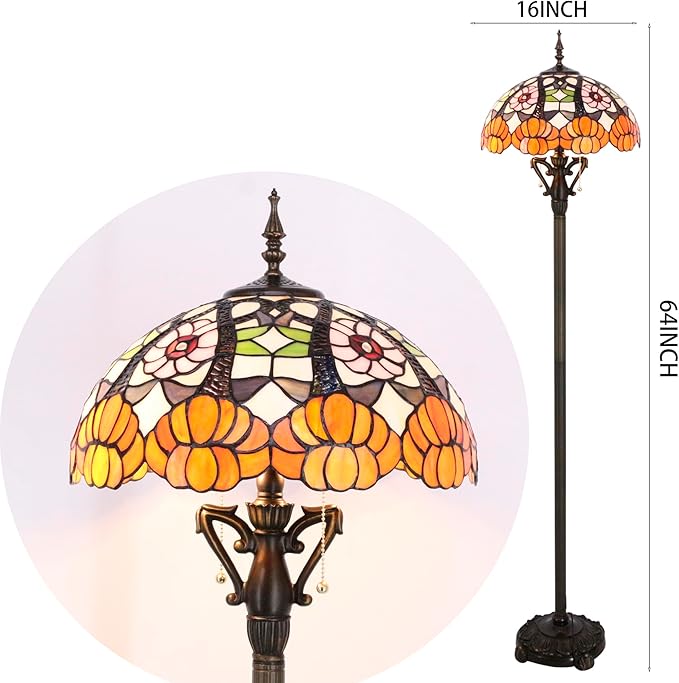 Tiffany Floor Lamp Stained Glass Standing Reading Lamp 16X16X66 Inches Antique Pole Corner Light for Bedroom Living Room Home Office (Yellow Flowers) - LeafyLoom