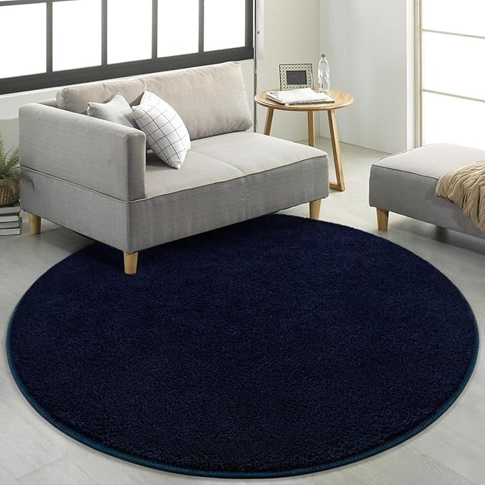 Round Area Rugs for Bedroom Living Room, 6x6 Navy Blue Super Soft Comfy Thickened Memory-Foam Indoor Circle Carpets, Modern Aesthetic Minimalist Carpet for Boys Girls Adults Nursery Home Décor - LeafyLoom