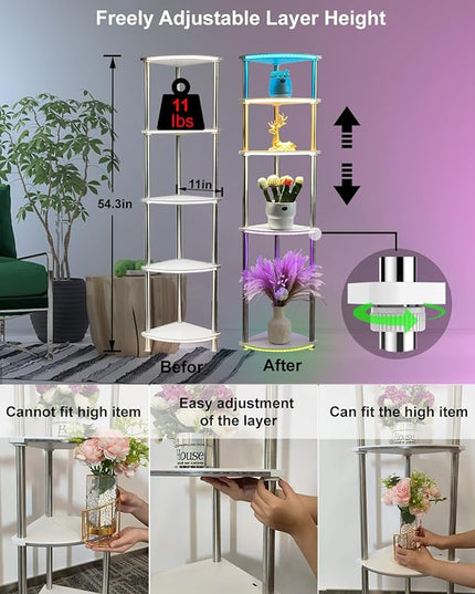 Floor Lamp with Shelves Corner Shelf with Lights Standing Lamp with Charging Stake APP Control Music Sync Multicolor Corner Lamp for Living Room White 5 Tier - LeafyLoom
