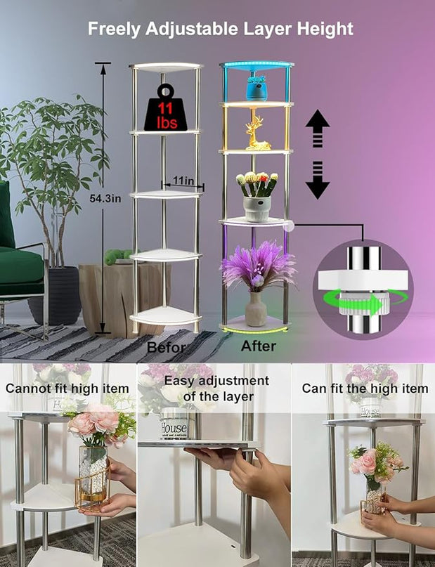 Floor Lamp with Shelves Corner Shelf with Lights Standing Lamp with Charging Stake APP Control Music Sync Multicolor Corner Lamp for Living Room White 5 Tier - LeafyLoom