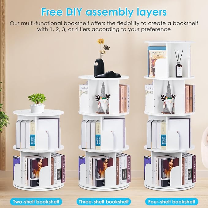 2024 New 4 Tier Rotating Bookshelf kids, Small Corner Bookshelf for Small Space, 360 Display Floor Standing Bookcase Storage Rack, Wood Narrow Book Shelf Organizer for Home Office,Bedroom, Living Room - LeafyLoom