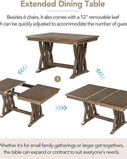 60 Inch Dining Table Set for 6, Mid-Century Solid Wood Extendable Dining Table with Upholstered Chairs and 12" Leaf, Kitchen Table Set for Living Room, Golden Brown+Grey - LeafyLoom