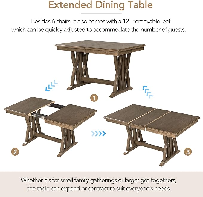 60 Inch Dining Table Set for 6, Mid-Century Solid Wood Extendable Dining Table with Upholstered Chairs and 12" Leaf, Kitchen Table Set for Living Room, Golden Brown+Grey - LeafyLoom