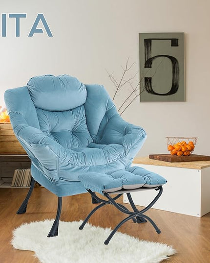 LITA Lazy Chair with Ottoman, Modern Accent Leisure Upholstered Sofa Chair, Contemporary Lounge Reading Chair with Armrests and a Side Pocket for Living Room, Bedroom & Small Space, Light Blue - LeafyLoom